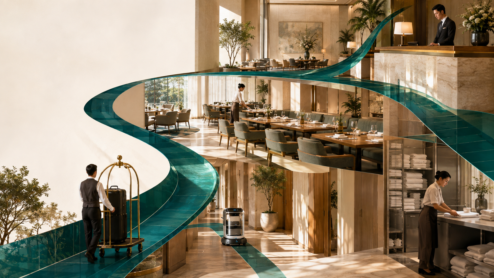 Luxury hotel interior showing concierge, restaurant and housekeeping areas connected by a flowing teal ribbon with natural daylight